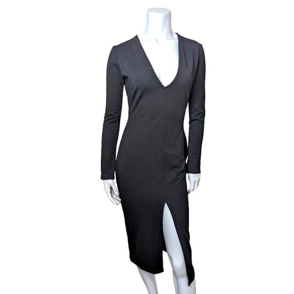 Femme Los Angeles Black Midi Dress with deep v Neck and high Slit • Size Large - Picture 1 of 8